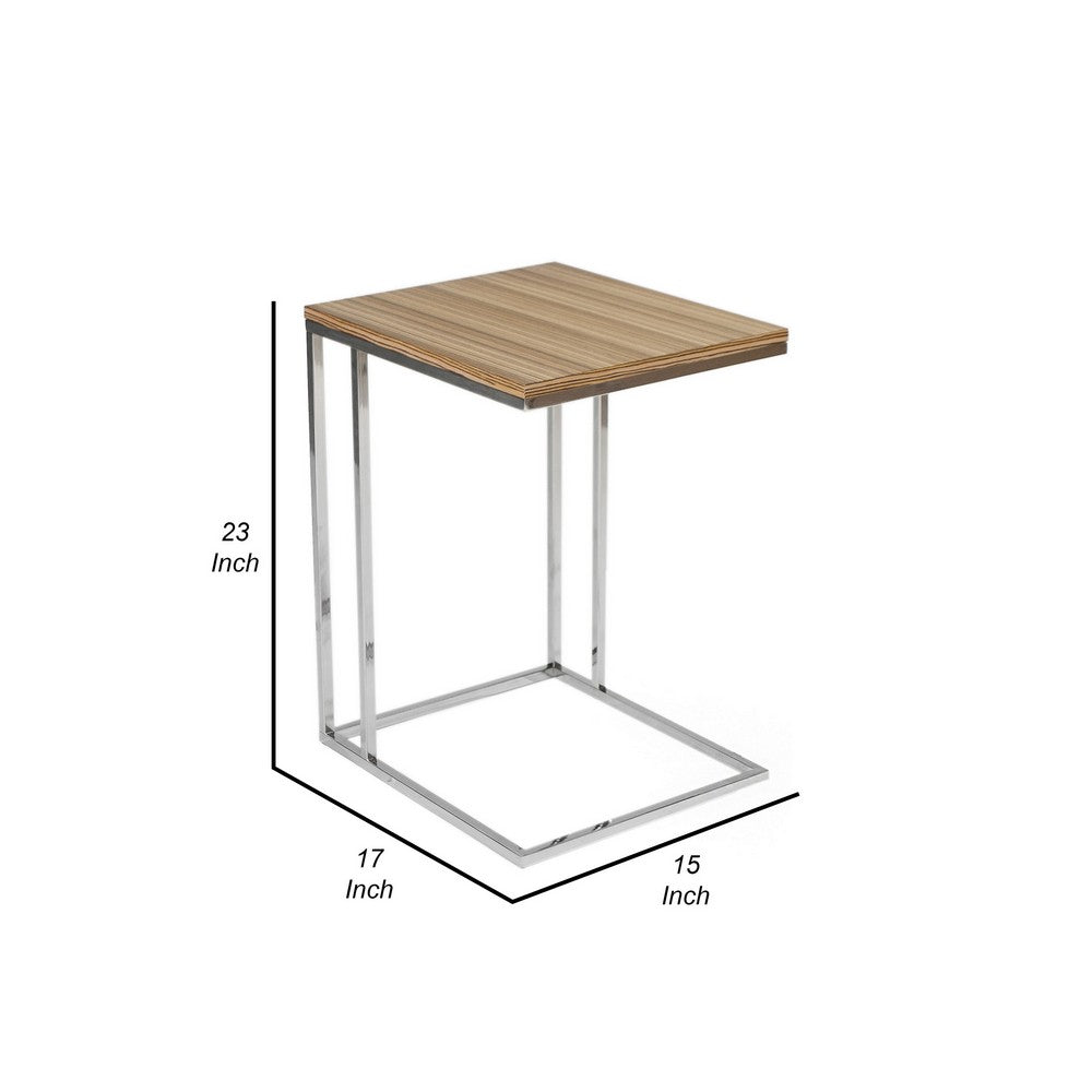 Benjara Zen 23 Inch Side Table, Rectangular Tray Top, C Chrome Frame, Zebrano Brown
