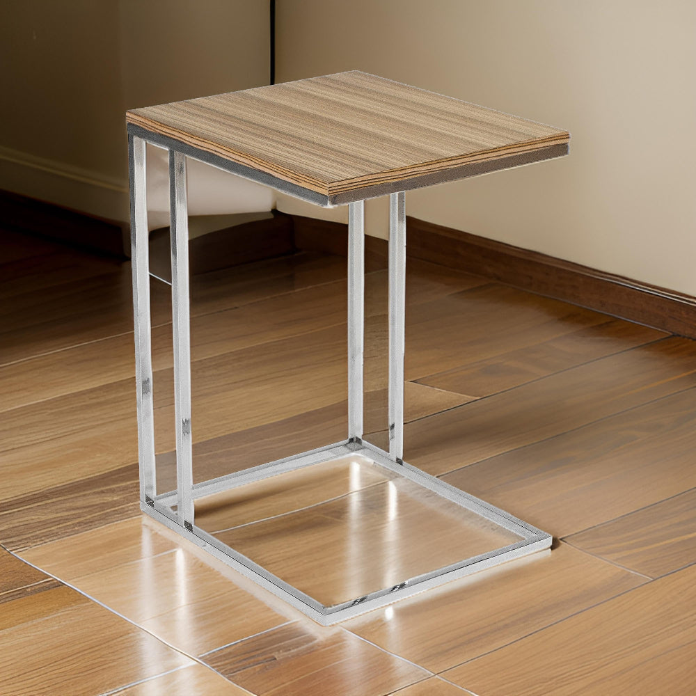 Benjara Zen 23 Inch Side Table, Rectangular Tray Top, C Chrome Frame, Zebrano Brown