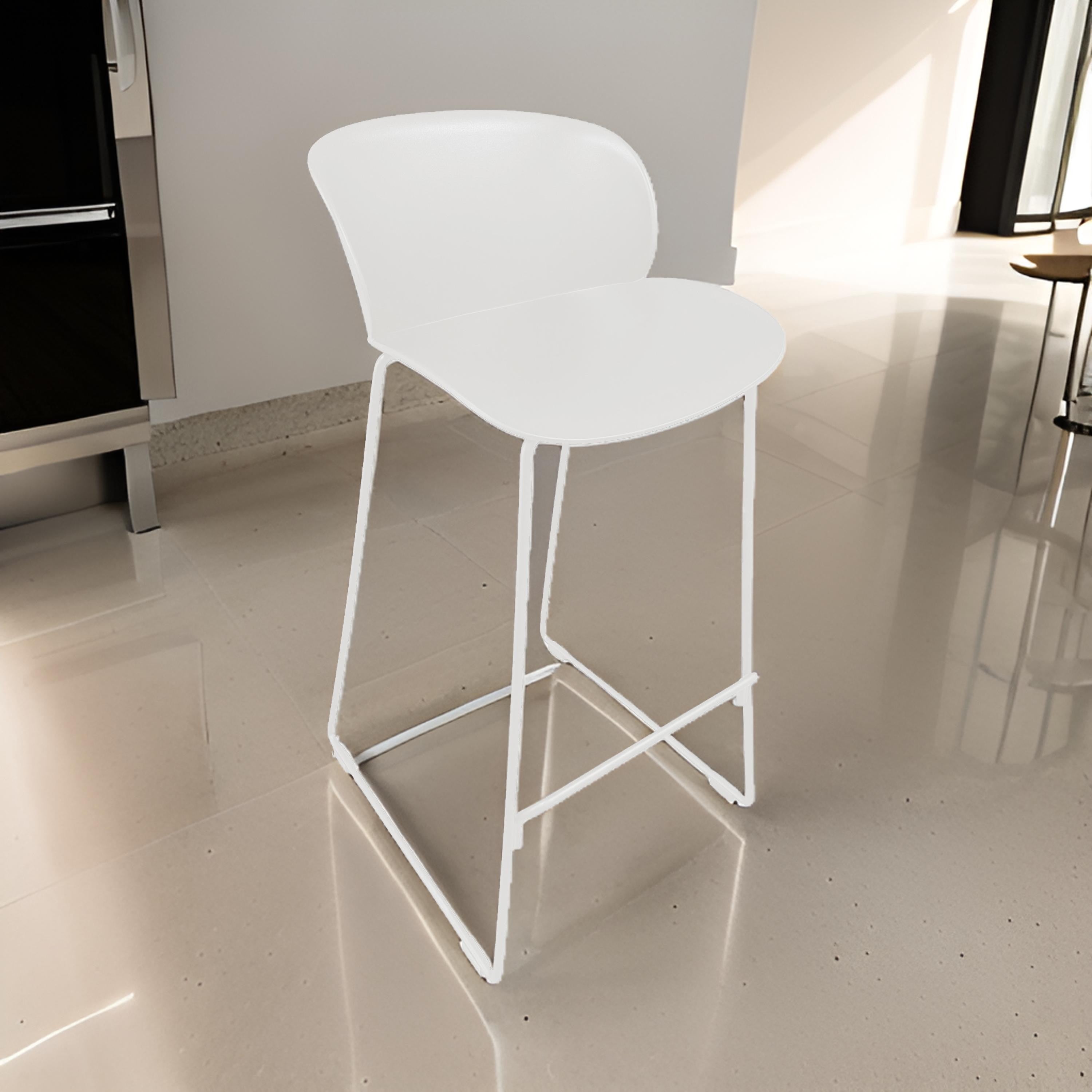 Benjara Sia 30 Inch Barstool Chair Set of 2, Curved Back, Square White Metal Legs