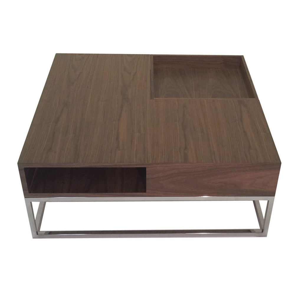 Benjara Rina 35 Inch Coffee Table, Removable Square Wood Tray, Storage, Steel Base