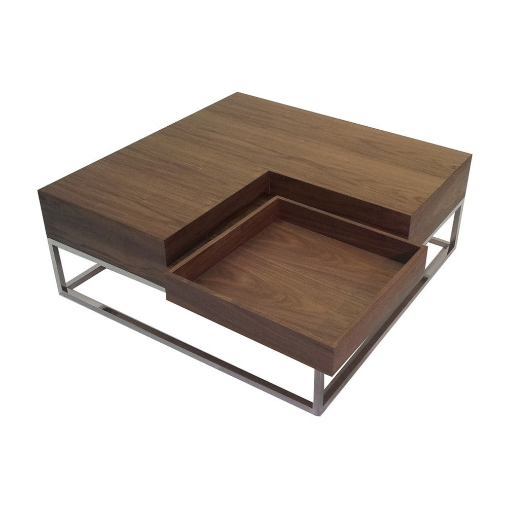 Benjara Rina 35 Inch Coffee Table, Removable Square Wood Tray, Storage, Steel Base