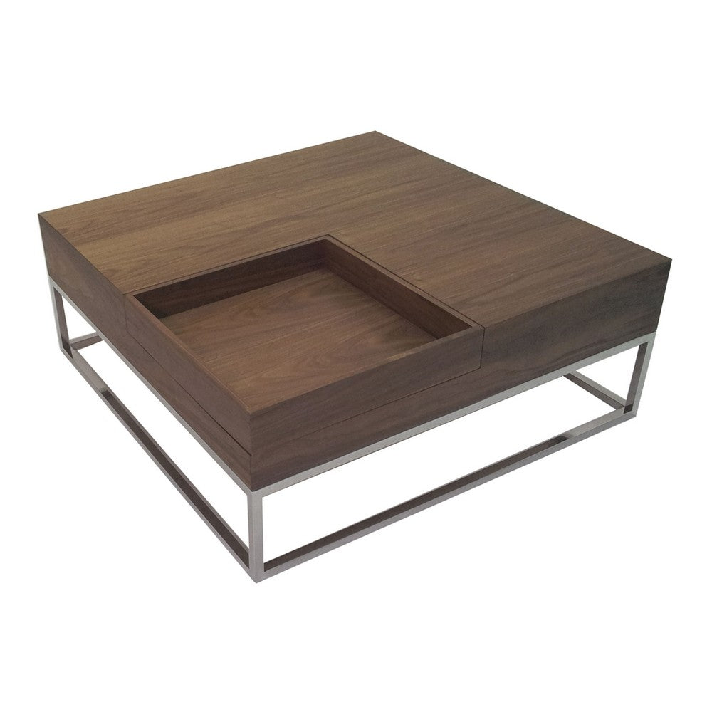 Benjara Rina 35 Inch Coffee Table, Removable Square Wood Tray, Storage, Steel Base