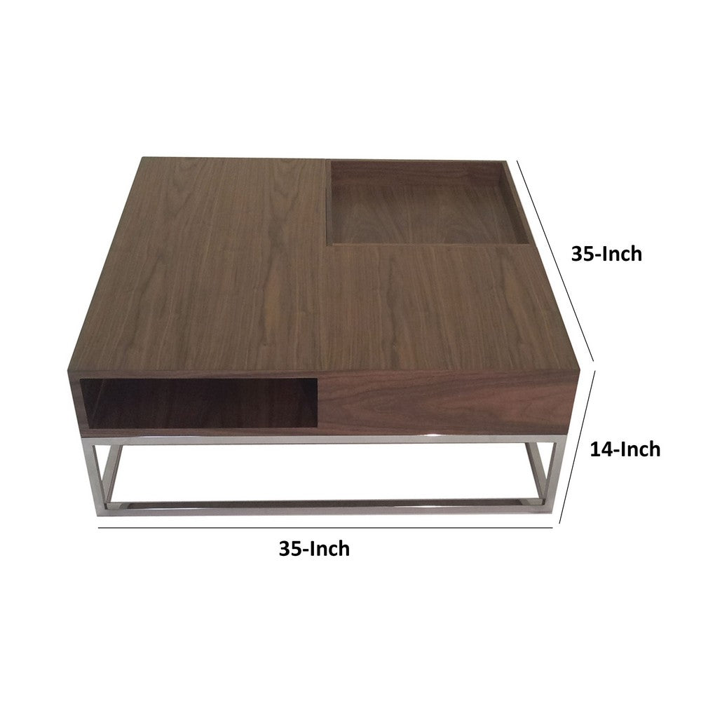 Benjara Rina 35 Inch Coffee Table, Removable Square Wood Tray, Storage, Steel Base