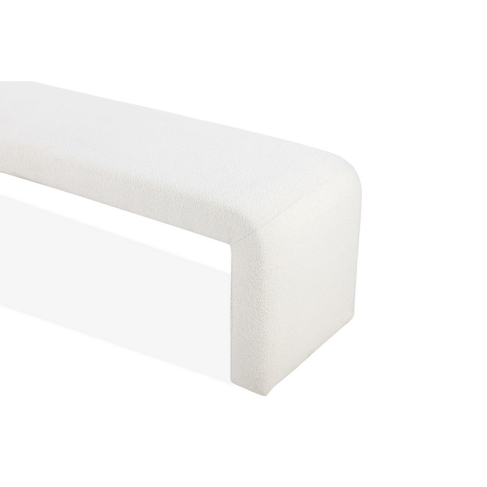 Benjara Jea 62 Inch Accent Bench, Plush White Boucle Upholstery, Wide Panel Legs