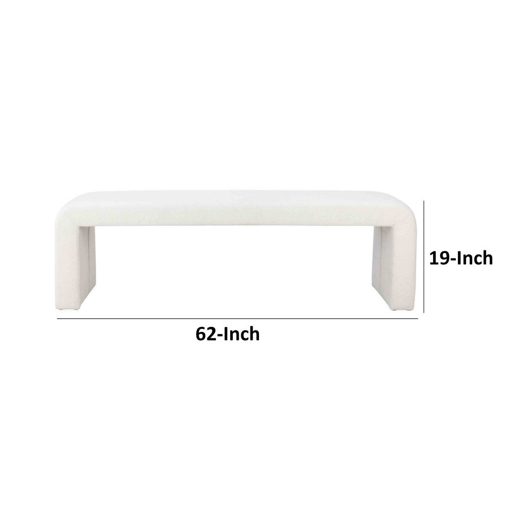 Benjara Jea 62 Inch Accent Bench, Plush White Boucle Upholstery, Wide Panel Legs