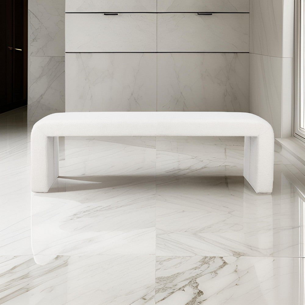 Benjara Jea 62 Inch Accent Bench, Plush White Boucle Upholstery, Wide Panel Legs