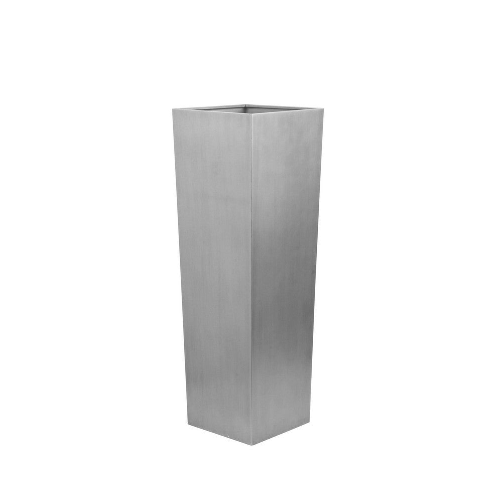 Benjara Zeny 48 Inch Tall Planter Vase with Hidden Insert, Tapered Barrel, Silver