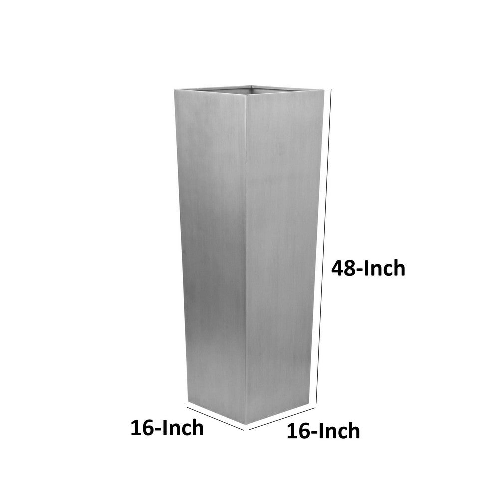 Benjara Zeny 48 Inch Tall Planter Vase with Hidden Insert, Tapered Barrel, Silver