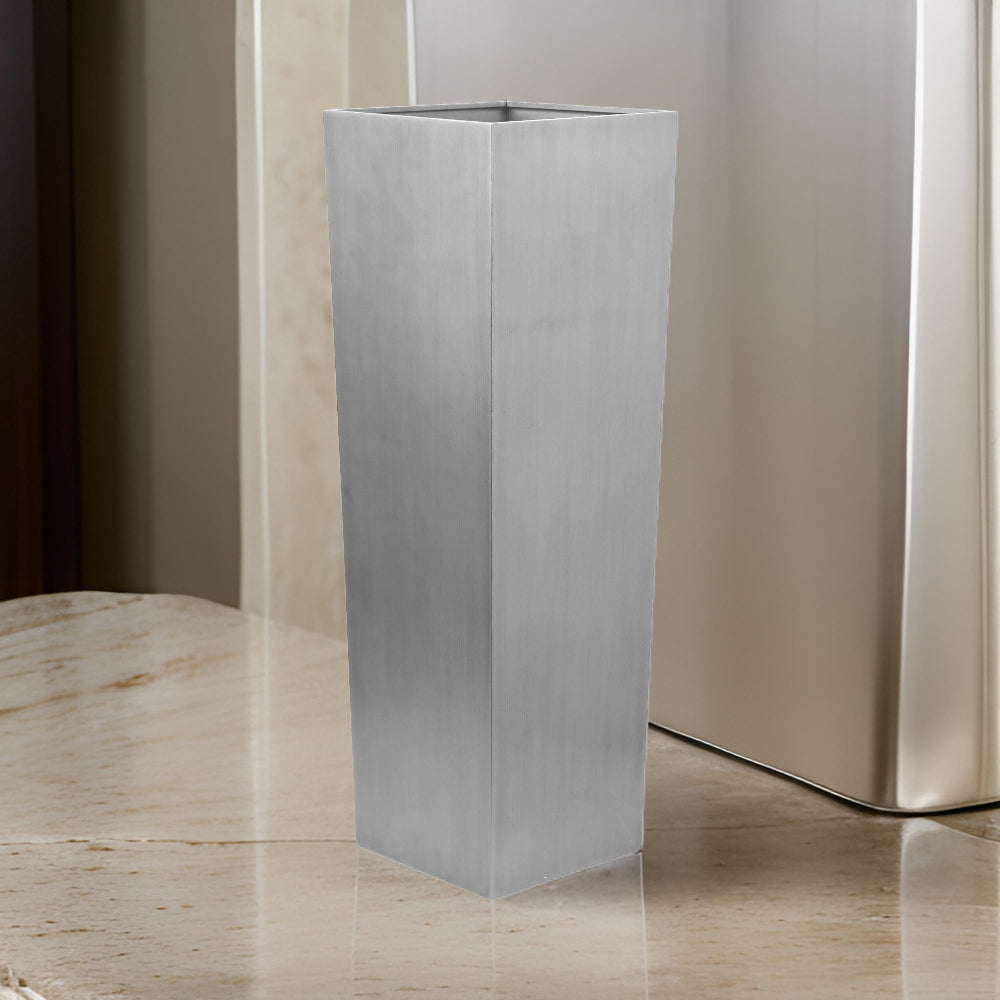 Benjara Zeny 48 Inch Tall Planter Vase with Hidden Insert, Tapered Barrel, Silver