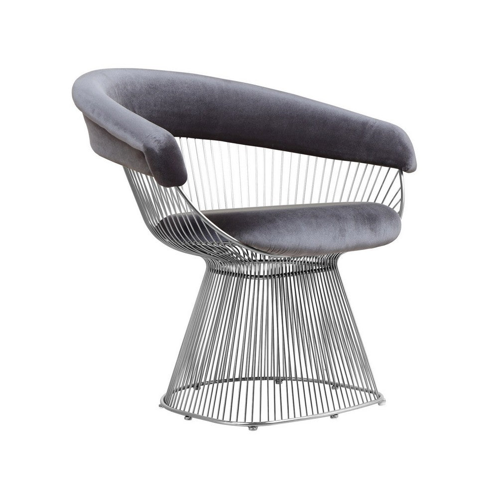 Benjara Mimi 27 Inch Accent Armchair, Plush Gray Velvet, Chrome Wire Cage Base