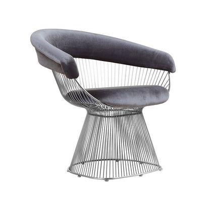 Benjara Mimi 27 Inch Accent Armchair, Plush Gray Velvet, Chrome Wire Cage Base