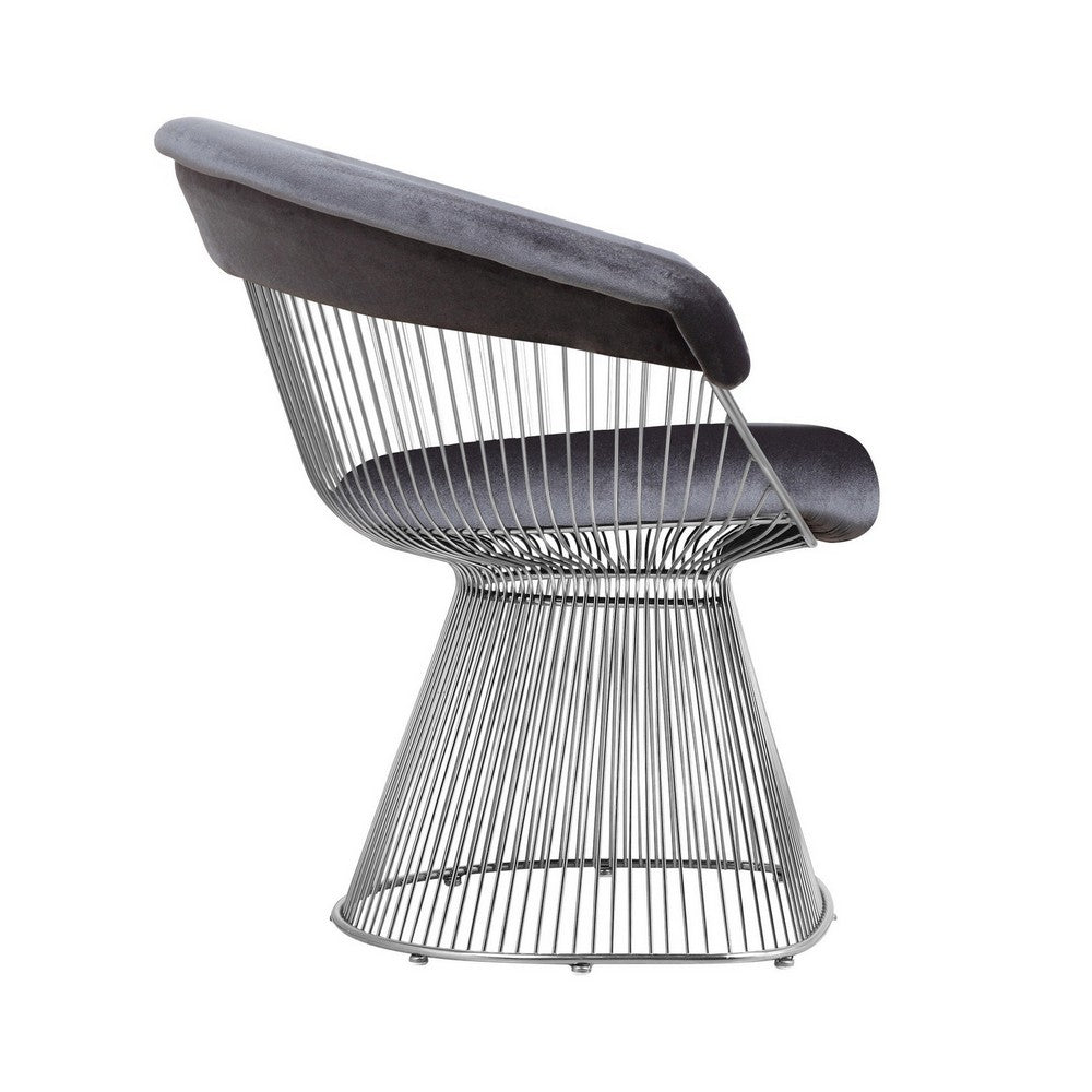 Benjara Mimi 27 Inch Accent Armchair, Plush Gray Velvet, Chrome Wire Cage Base