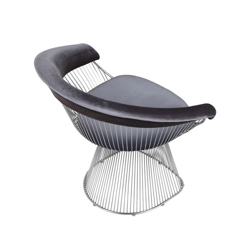 Benjara Mimi 27 Inch Accent Armchair, Plush Gray Velvet, Chrome Wire Cage Base