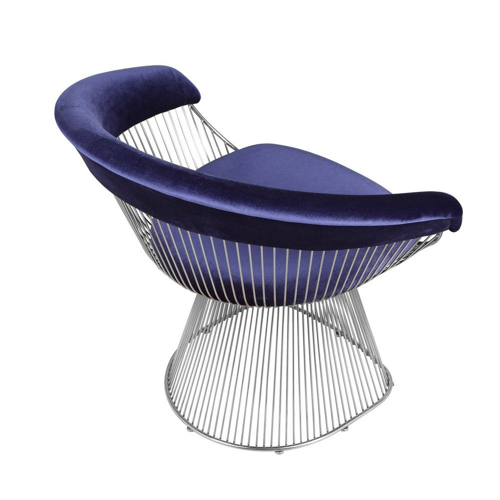 Benjara Mimi 27 Inch Accent Armchair, Plush Blue Velvet, Chrome Wire Cage Base