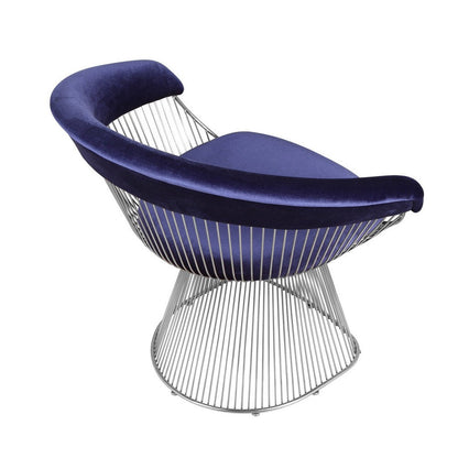 Benjara Mimi 27 Inch Accent Armchair, Plush Blue Velvet, Chrome Wire Cage Base