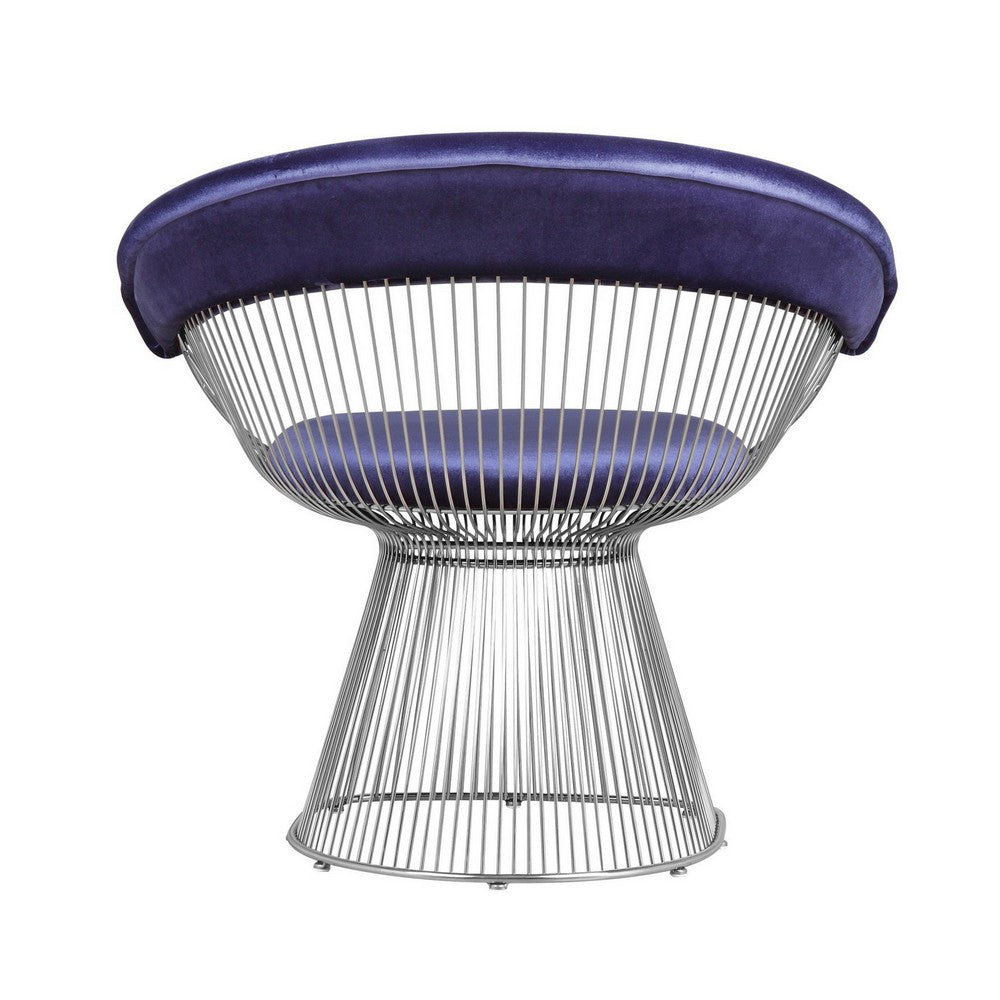 Benjara Mimi 27 Inch Accent Armchair, Plush Blue Velvet, Chrome Wire Cage Base