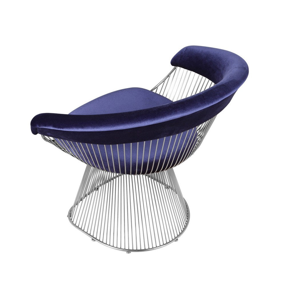 Benjara Mimi 27 Inch Accent Armchair, Plush Blue Velvet, Chrome Wire Cage Base