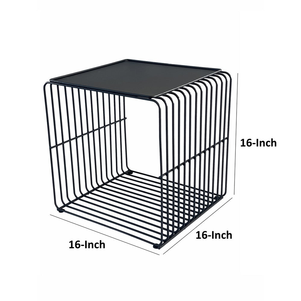 Benjara Reo 16 Inch Side End Table, Waterfall Black Metal Wire Frame