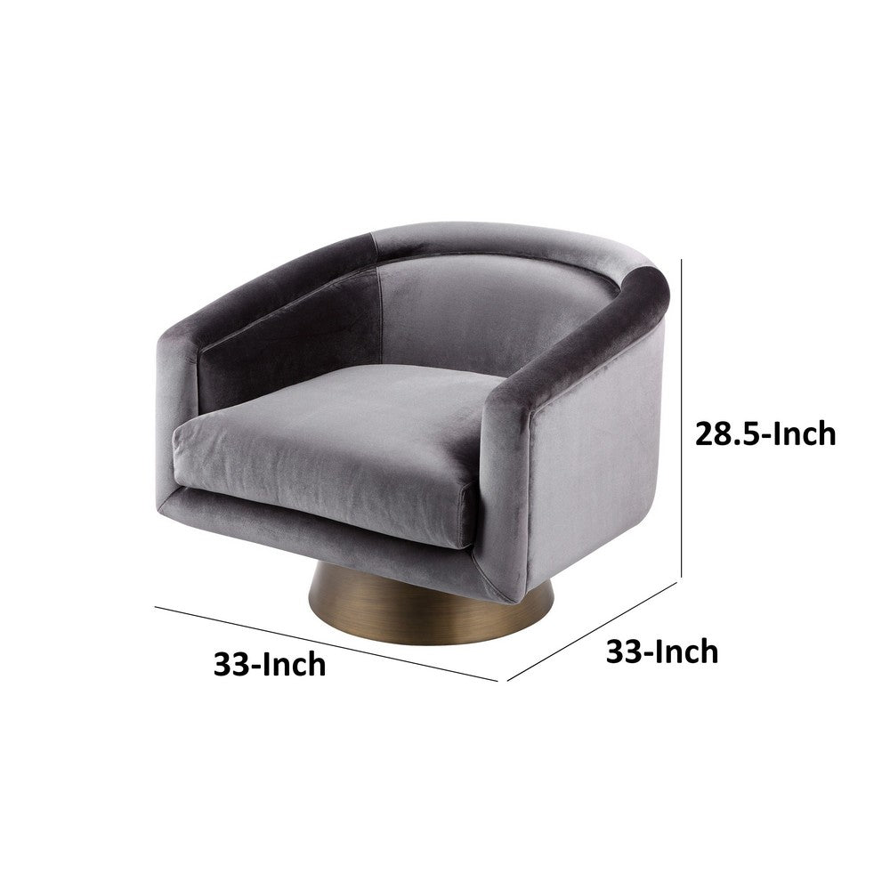Benjara Rxa 33 Inch Swivel Lounge Chair, Barrel Back, Padded Gray Velvet Upholstery
