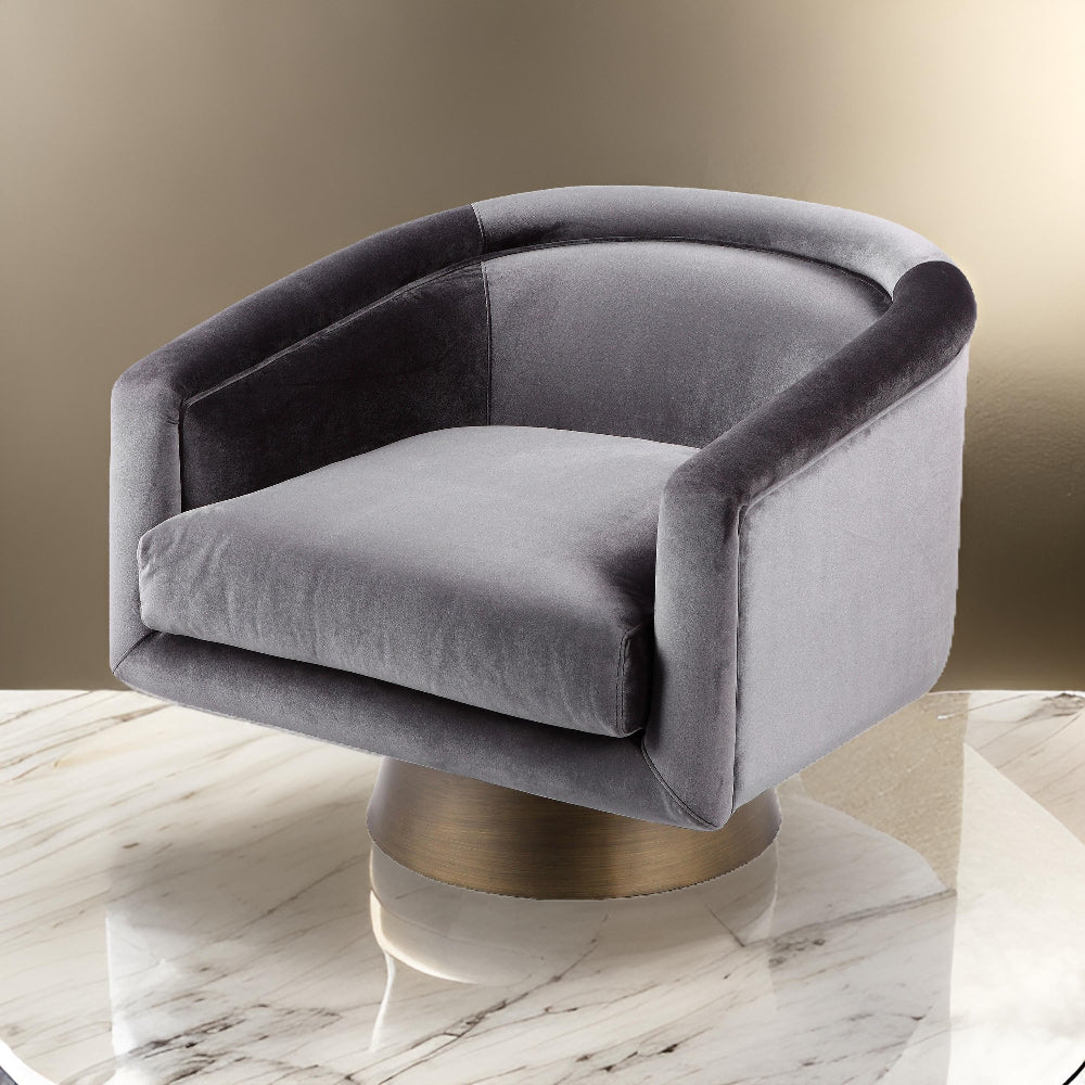 Benjara Rxa 33 Inch Swivel Lounge Chair, Barrel Back, Padded Gray Velvet Upholstery