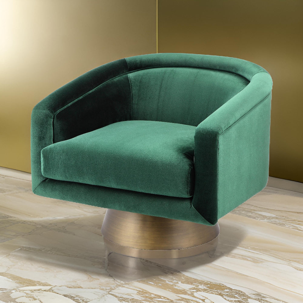 Benjara Rxa 33 Inch Swivel Lounge Chair, Barrel Back Padded Green Velvet Upholstery