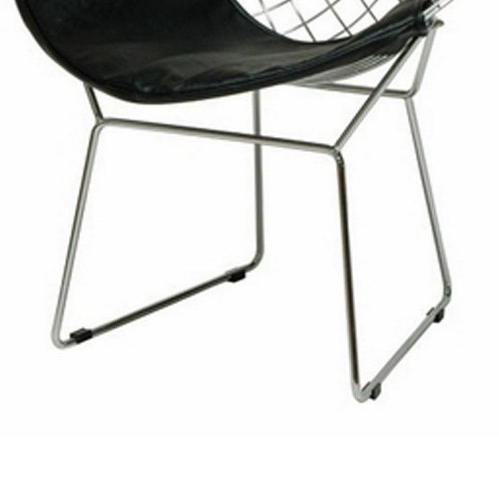 Benjara Lexy 33 Inch Accent Chair Set of 2, Black Faux Leather, Chrome Mesh Wire