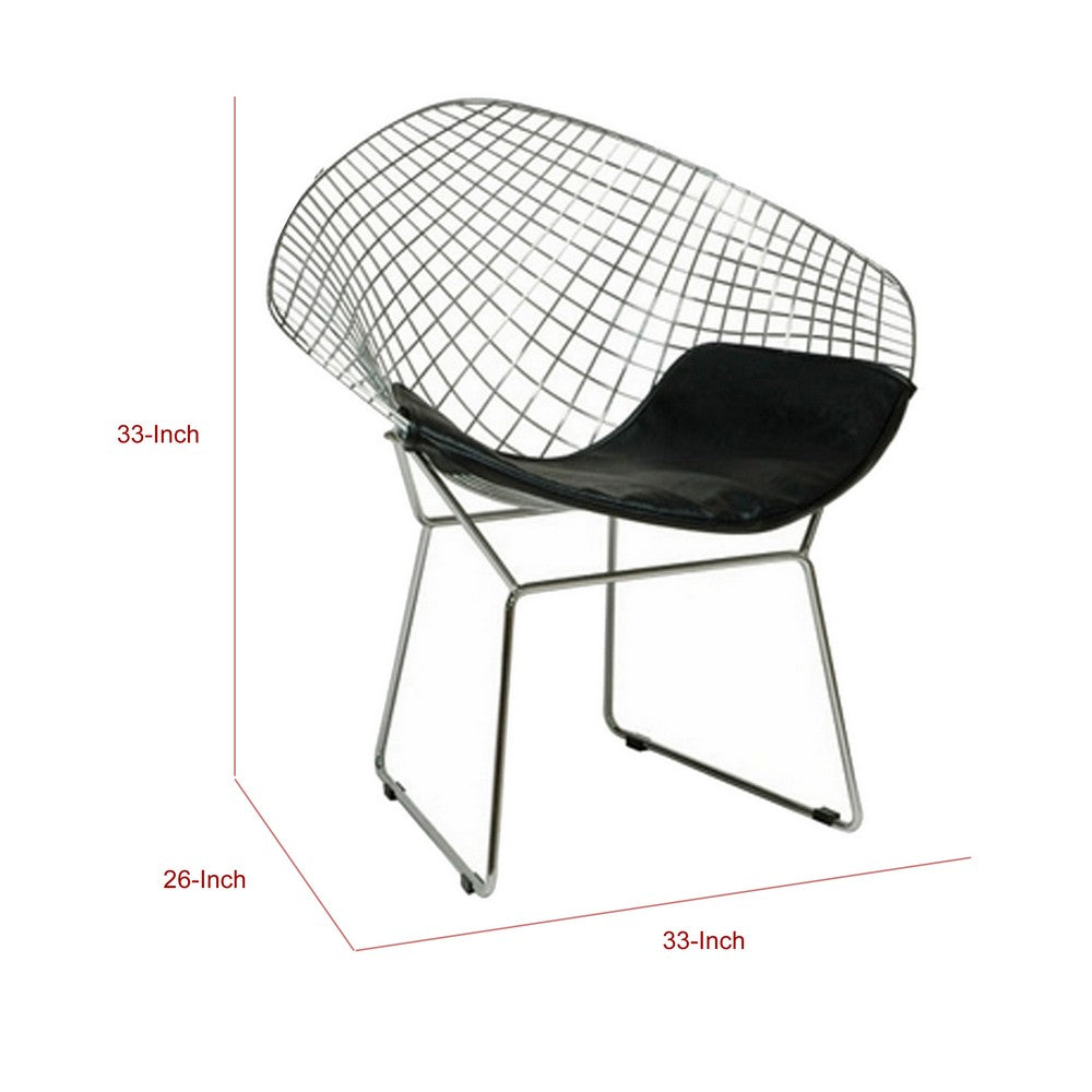 Benjara Lexy 33 Inch Accent Chair Set of 2, Black Faux Leather, Chrome Mesh Wire