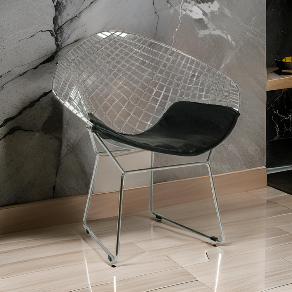 Benjara Lexy 33 Inch Accent Chair Set of 2, Black Faux Leather, Chrome Mesh Wire