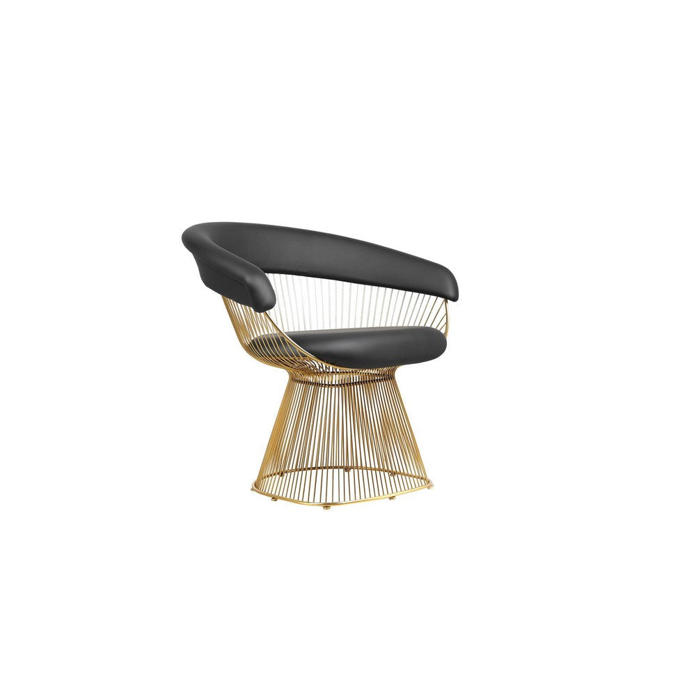Benjara Mimi 27 Inch Accent Armchair, Black Faux Leather, Gold Steel Peacock Base