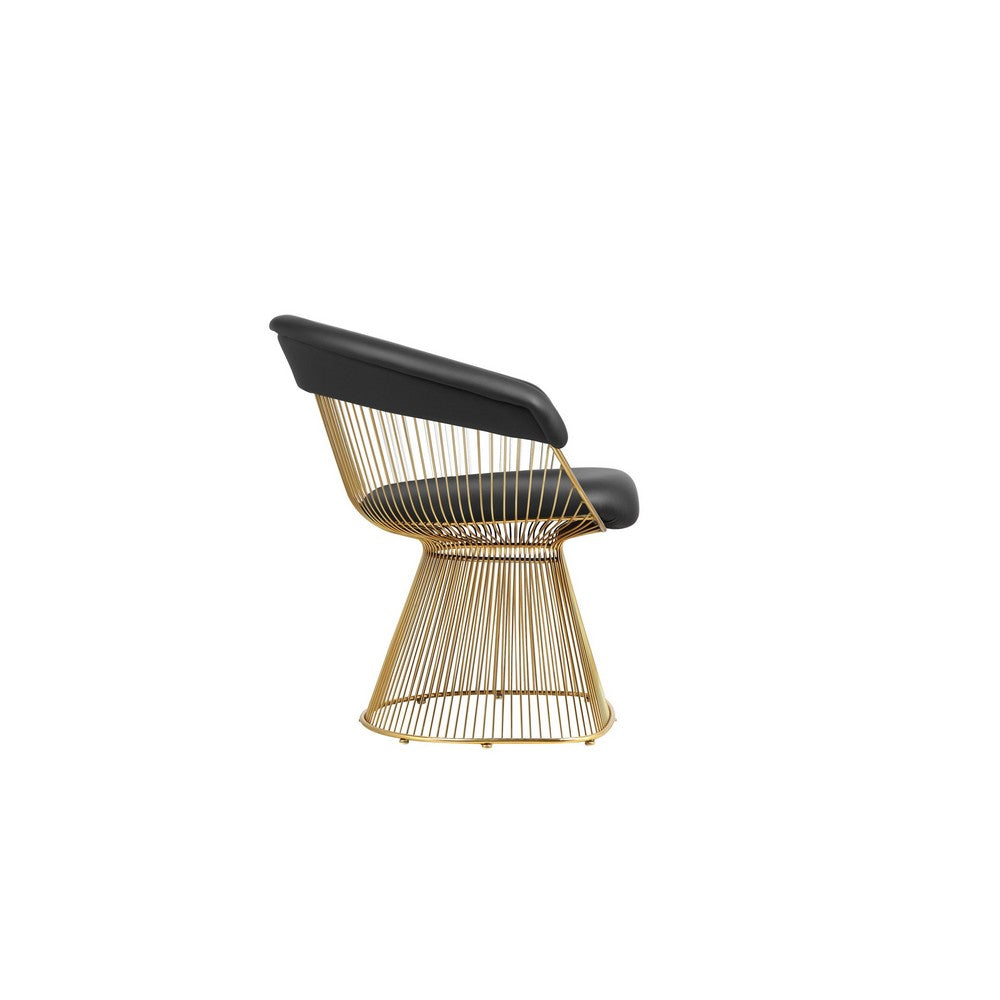 Benjara Mimi 27 Inch Accent Armchair, Black Faux Leather, Gold Steel Peacock Base