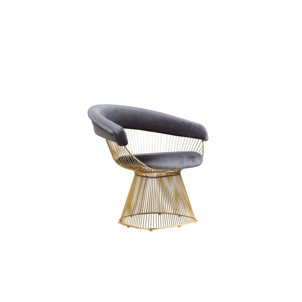 Benjara Mimi 27 Inch Accent Armchair, Gray Velvet, Gold Steel Peacock Base