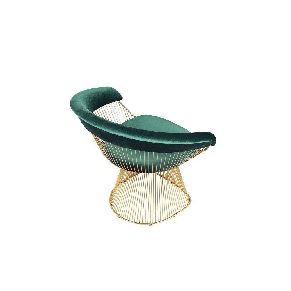 Benjara Mimi 27 Inch Accent Armchair, Green Velvet, Gold Steel Peacock Base