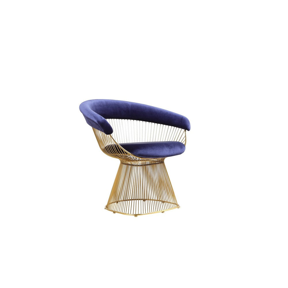 Benjara Mimi 27 Inch Accent Armchair, Navy Blue Velvet, Gold Steel Peacock Base