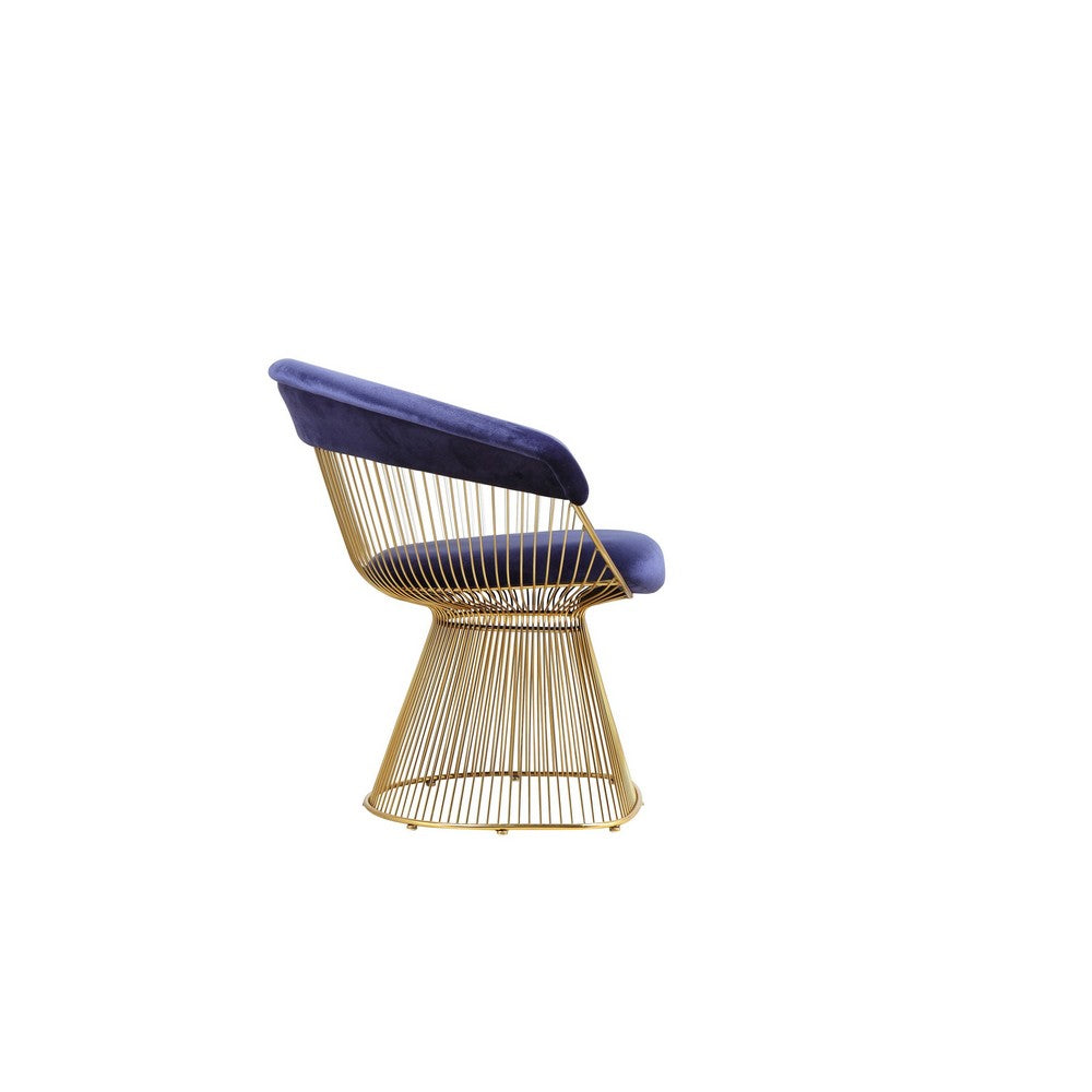 Benjara Mimi 27 Inch Accent Armchair, Navy Blue Velvet, Gold Steel Peacock Base