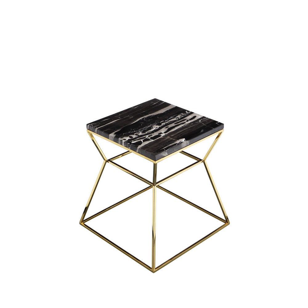 Benjara Lio 18 Inch Side End Table, Black Marble Top, Gold Open Hourglass Frame
