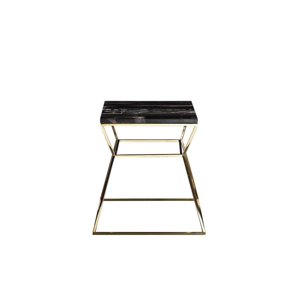 Benjara Lio 18 Inch Side End Table, Black Marble Top, Gold Open Hourglass Frame