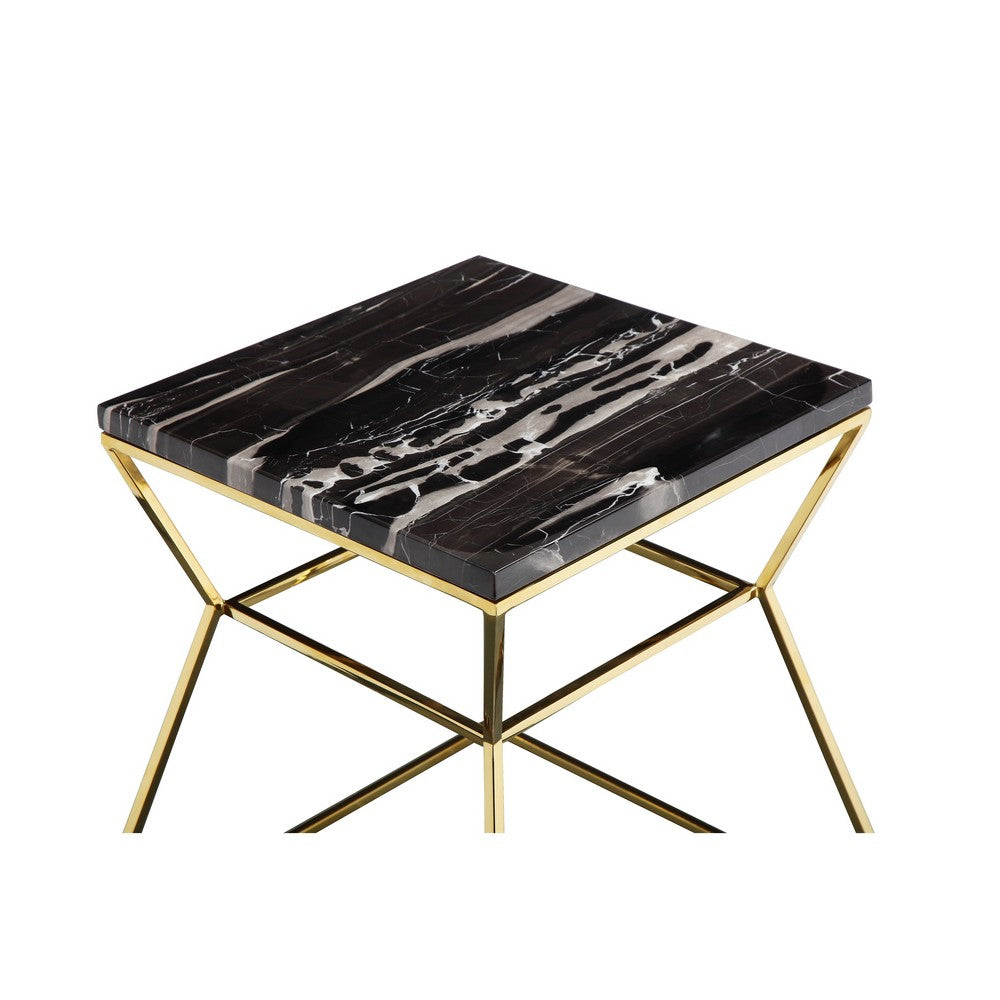 Benjara Lio 18 Inch Side End Table, Black Marble Top, Gold Open Hourglass Frame