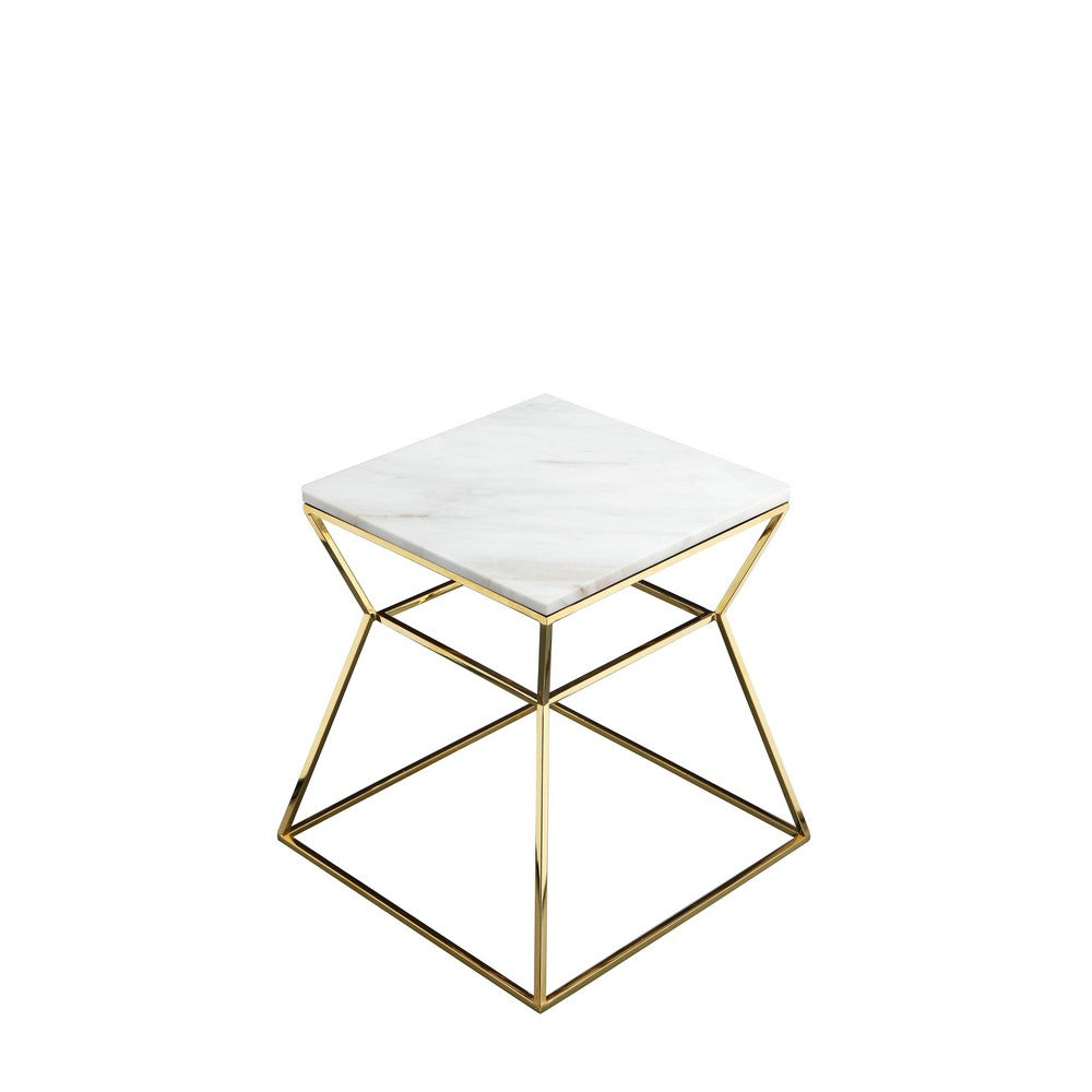 Benjara Lio 18 Inch Side End Table, White Marble Top, Gold Open Hourglass Frame
