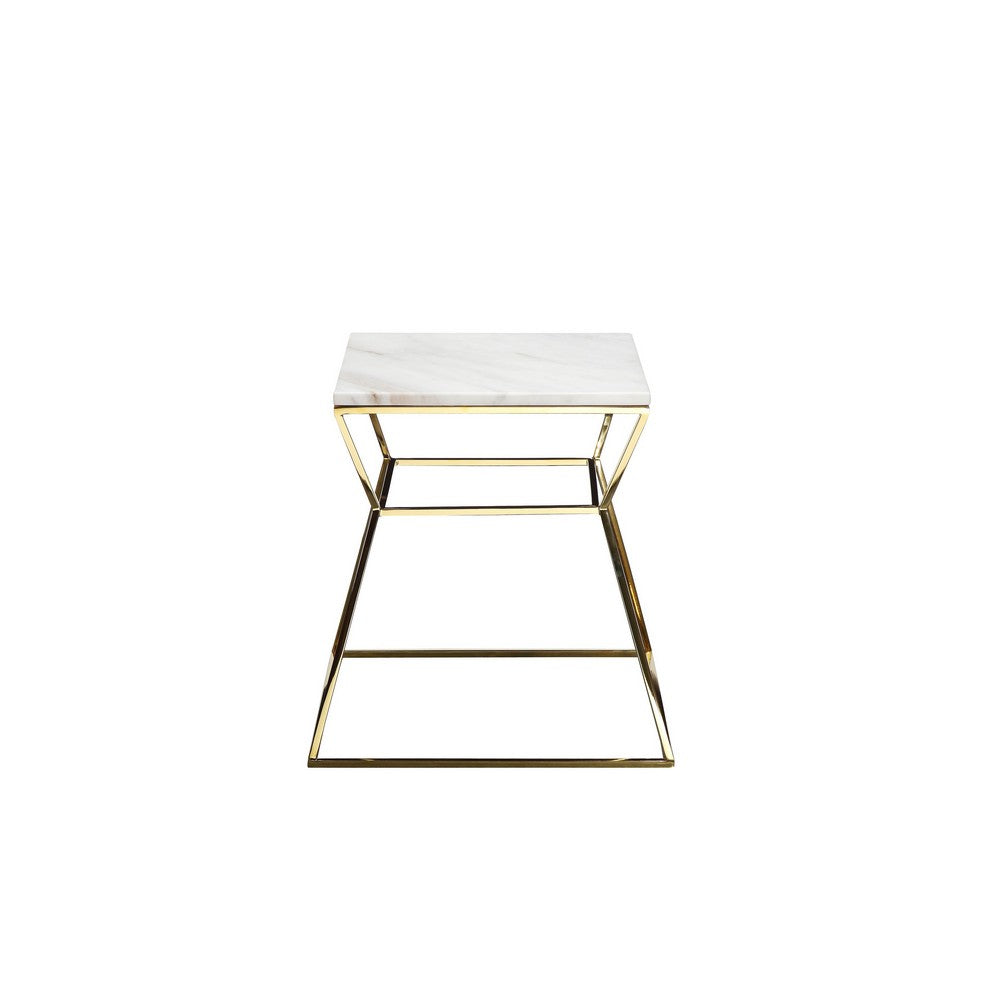 Benjara Lio 18 Inch Side End Table, White Marble Top, Gold Open Hourglass Frame