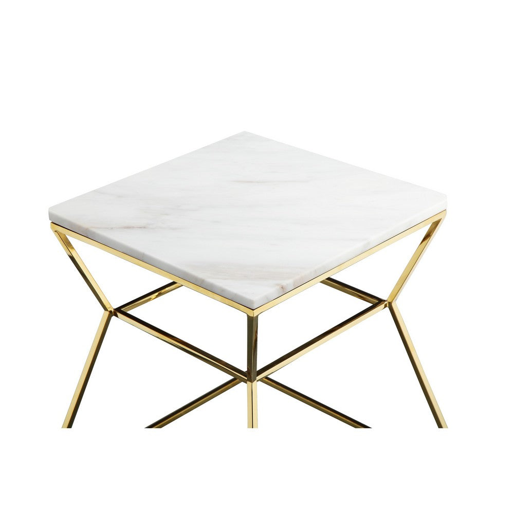 Benjara Lio 18 Inch Side End Table, White Marble Top, Gold Open Hourglass Frame