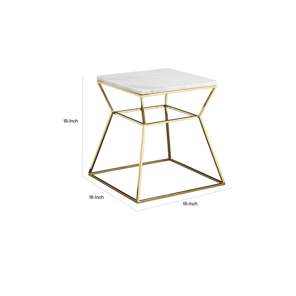 Benjara Lio 18 Inch Side End Table, White Marble Top, Gold Open Hourglass Frame