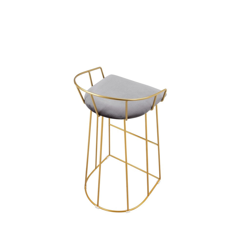 Benjara Cato 31 Inch Barstool Chair, Foam, Gray Velvet, Gold Steel Open Frame