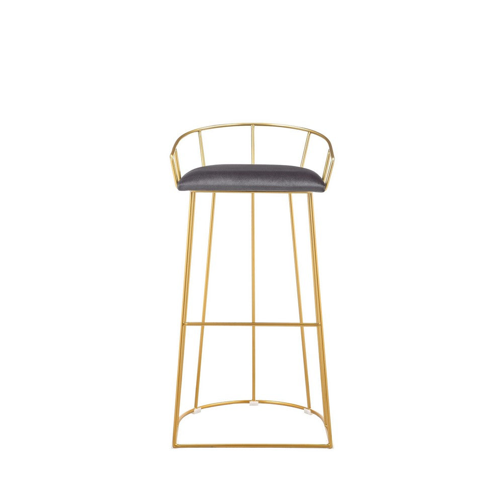 Benjara Cato 31 Inch Barstool Chair, Foam, Gray Velvet, Gold Steel Open Frame
