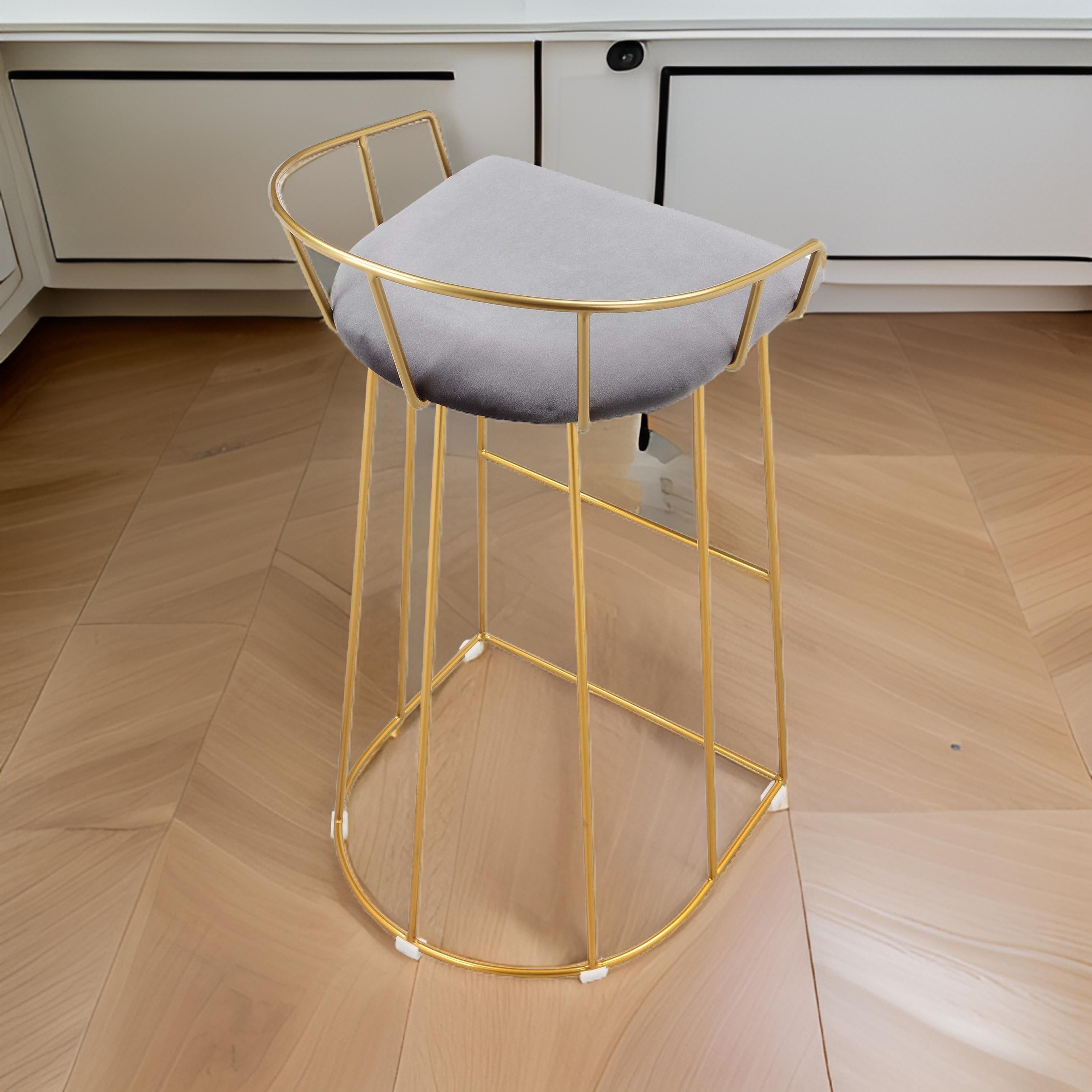 Benjara Cato 31 Inch Barstool Chair, Foam, Gray Velvet, Gold Steel Open Frame