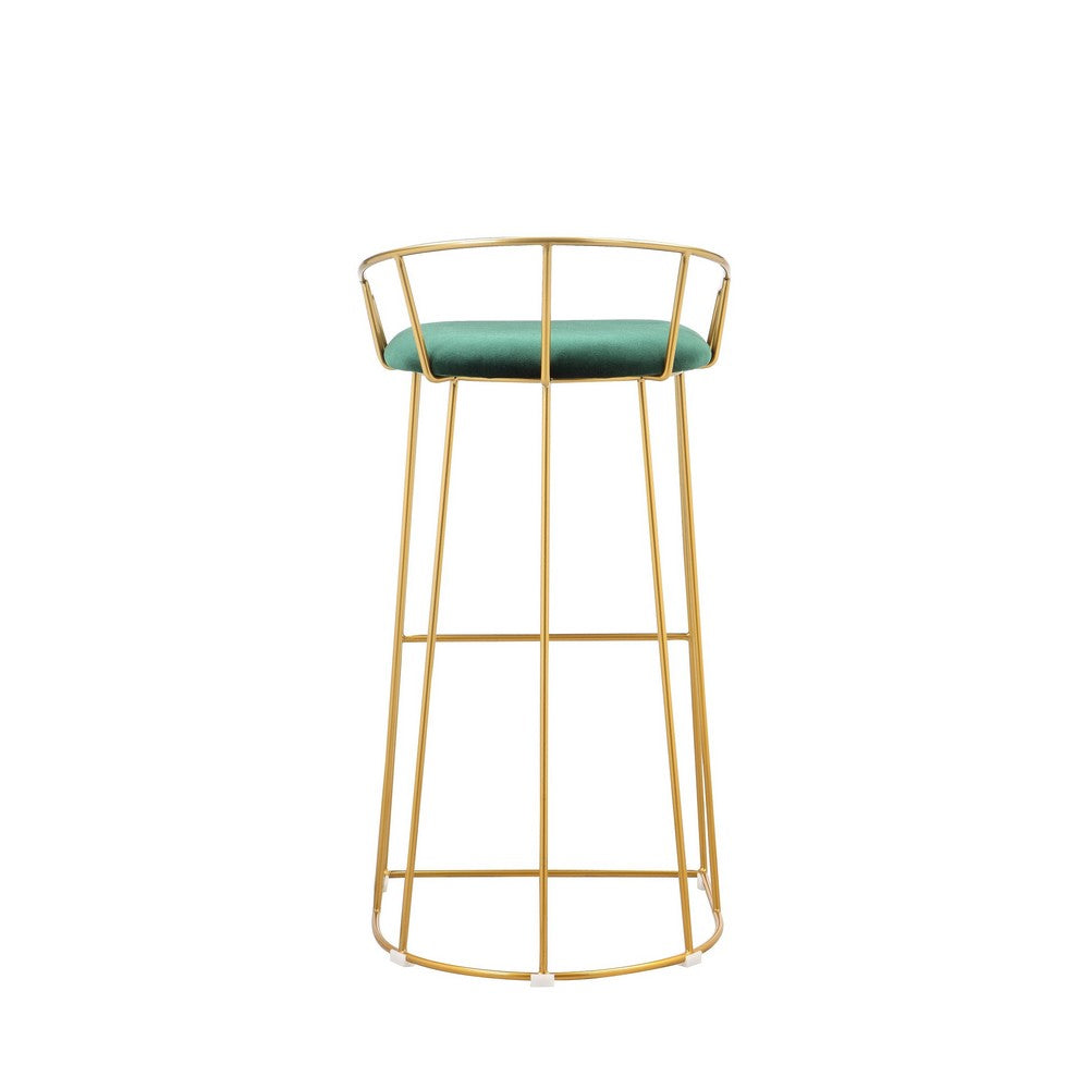 Benjara Cato 31 Inch Barstool Chair, Foam, Green Velvet, Gold Steel Open Frame