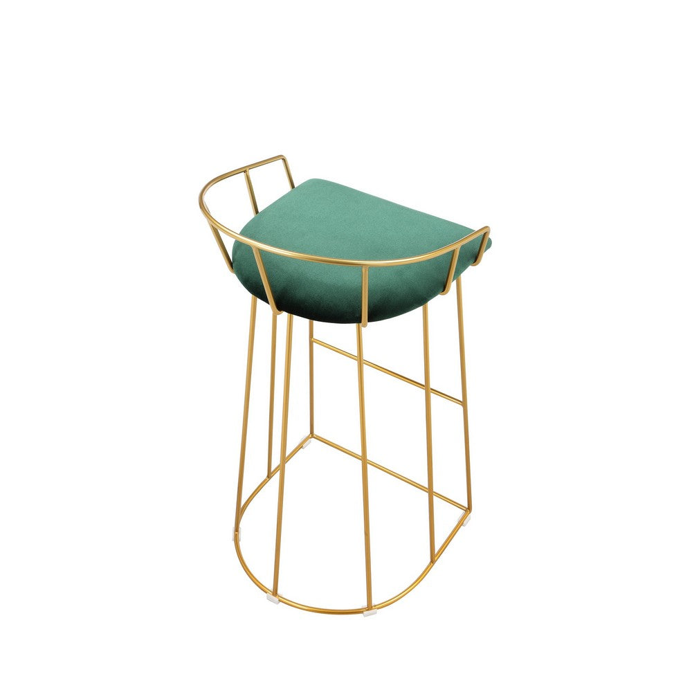 Benjara Cato 31 Inch Barstool Chair, Foam, Green Velvet, Gold Steel Open Frame