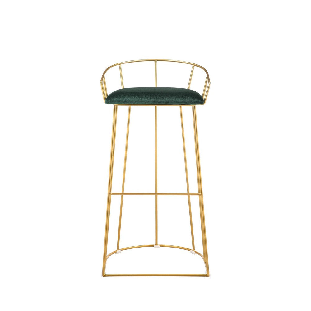Benjara Cato 31 Inch Barstool Chair, Foam, Green Velvet, Gold Steel Open Frame