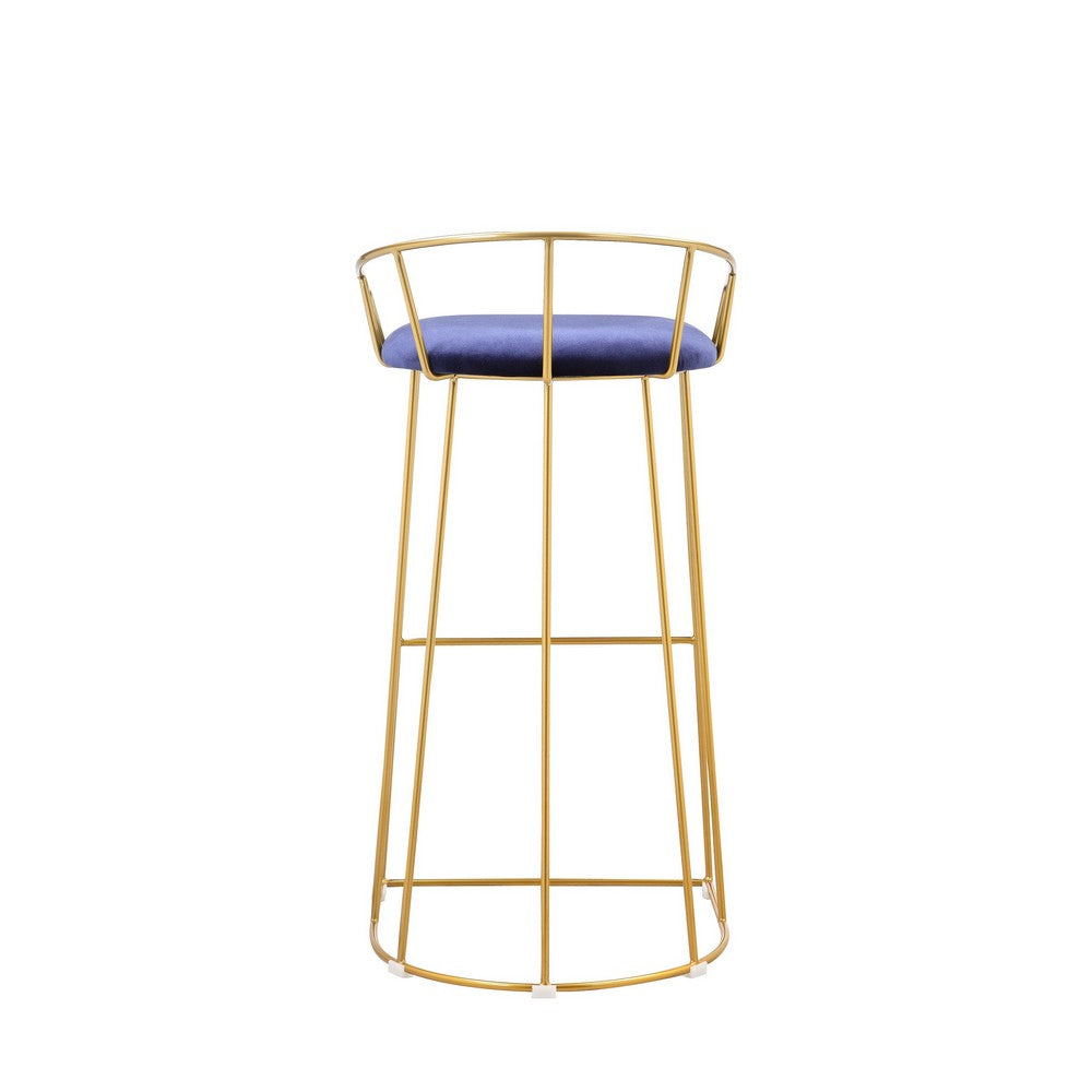 Benjara Cato 31 Inch Barstool Chair, Foam, Navy Blue Velvet, Gold Steel Open Frame