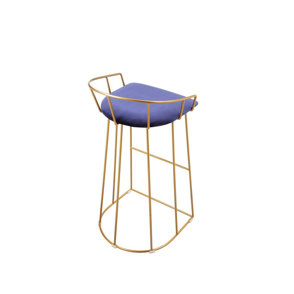 Benjara Cato 31 Inch Barstool Chair, Foam, Navy Blue Velvet, Gold Steel Open Frame