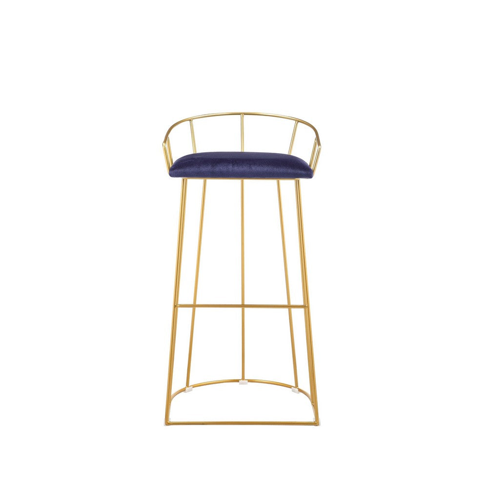 Benjara Cato 31 Inch Barstool Chair, Foam, Navy Blue Velvet, Gold Steel Open Frame
